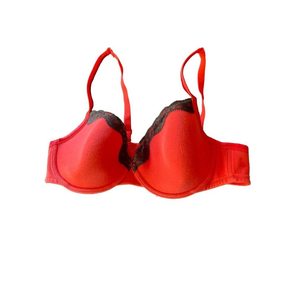 Cacique‎ Red Bra Black Lace Trim Size 40D Cotton Spandex